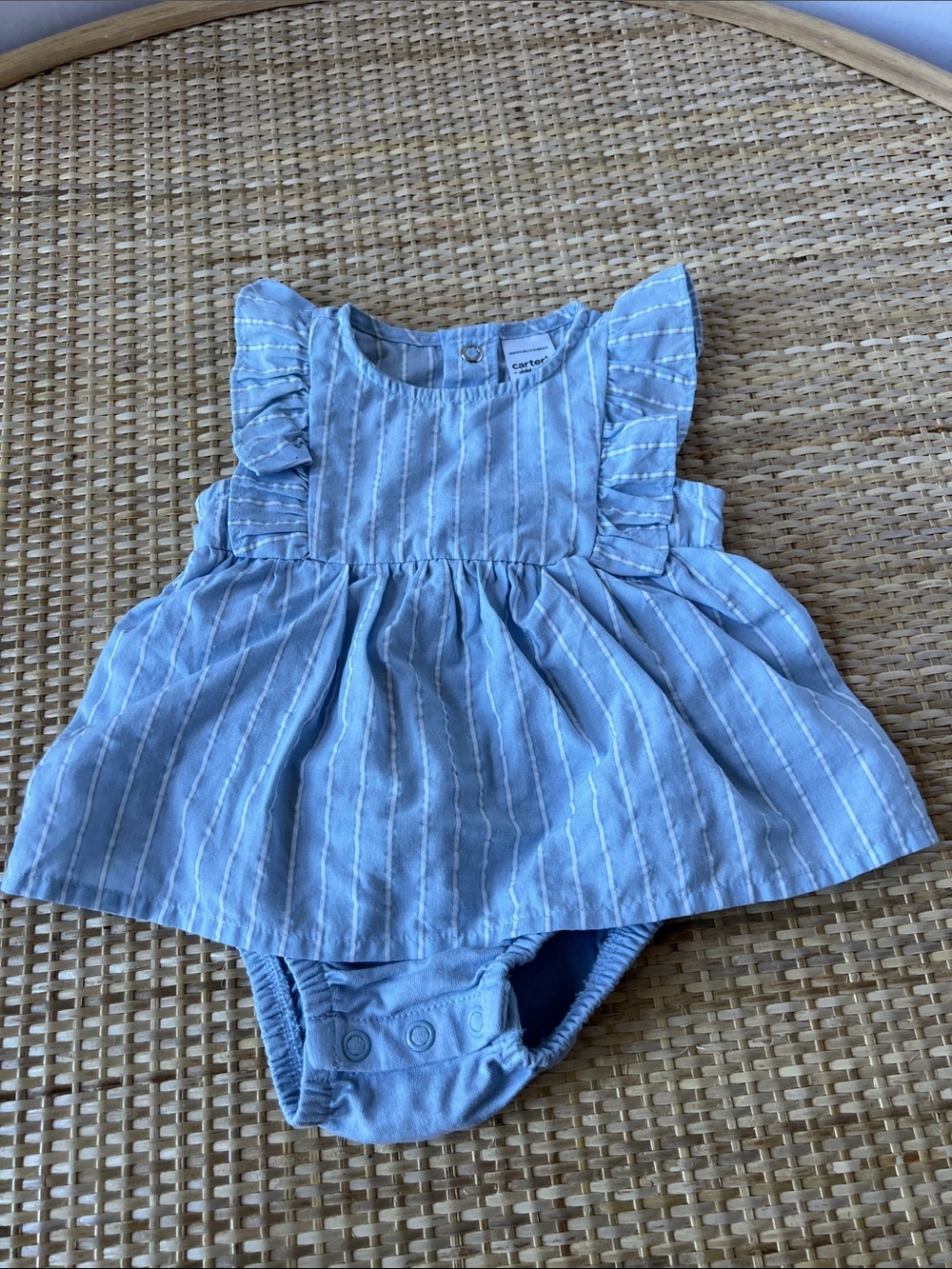 Carter’s blue white vertical striped baby bodysuit dress ruffle sleeves 0-3 mo.